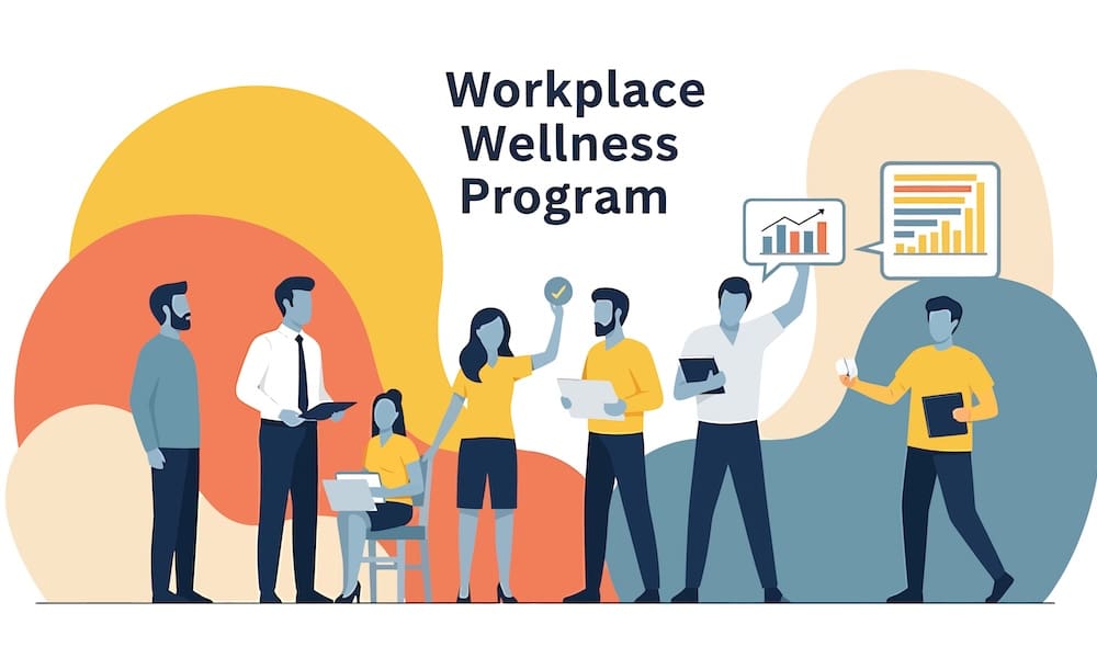 People in a digital workplace with flat design elements for wellness program